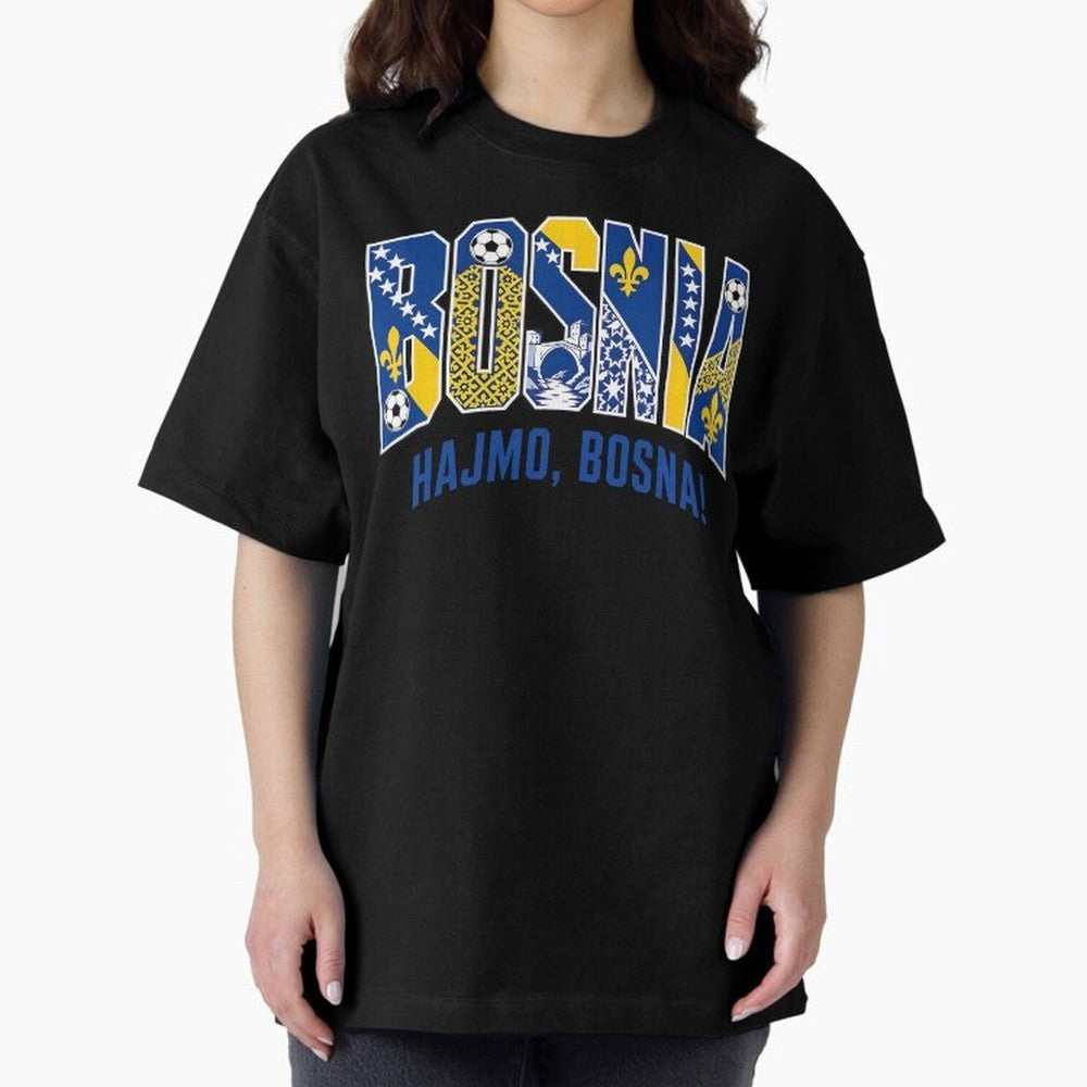 Bosnia Hajmo Bosna Football Soccer Fan Bosnian Supporter Flag Oversized T-Shirt Fuel the Hype around FIFA World Cup 2026 for Fans of CR7 and Messi and England and Germany, Bringing Match Day Excitement, Supporter Culture, Golden Goals and Global