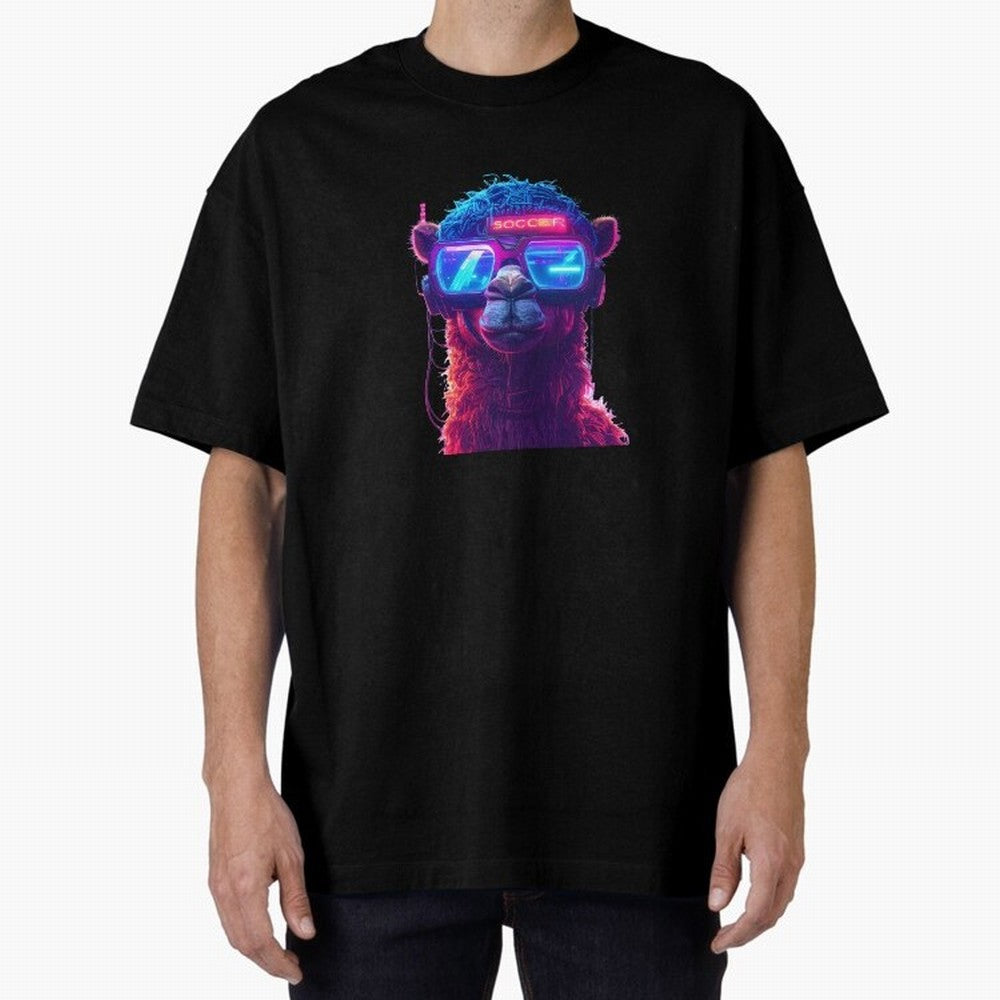 Cyberpunk Llama with Neon Soccer Vibes Oversized T-Shirt Carry National Pride through the FIFA World Cup 2026 Group Stage Journey through Messi, CR7 and Mbappe Highlights, England, France and Netherlands Pride, Global Supporter Spirit, Legendary
