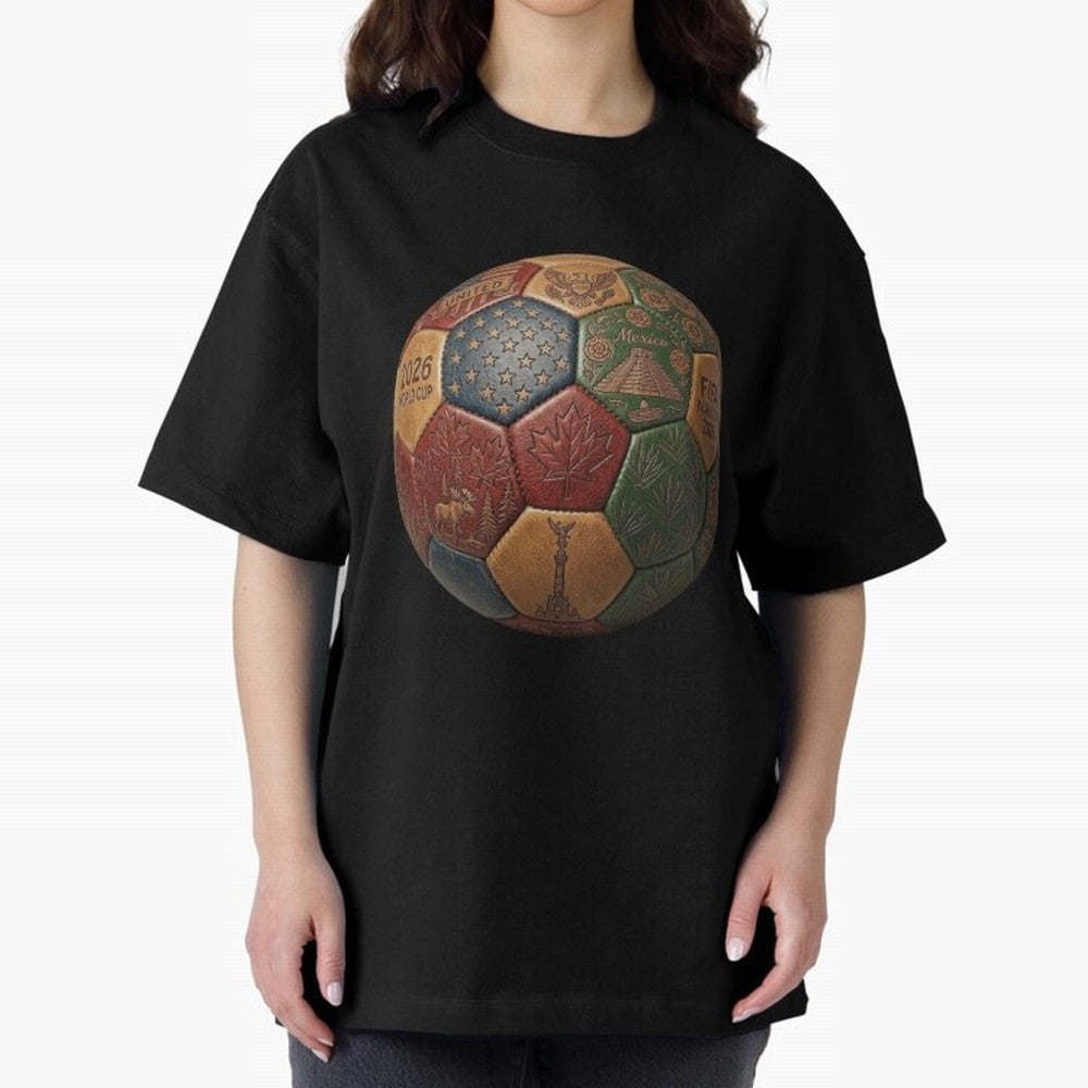 Artistic Ball for the 2026 World Cup ¨C USA, Mexico & Canada Football Design Oversized T-Shirt Discover Match Day Hype around FIFA World Cup 2026 USA Canada Mexico, CR7 and Messi, Argentina and Brazil, Retro Football Energy, Iconic Rivalries,